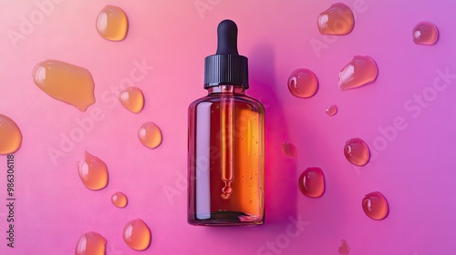 A bottle of facial serum with a pipette, surrounded by glossy drops on a vibrant single-color background, emphasizing freshness and skincare.