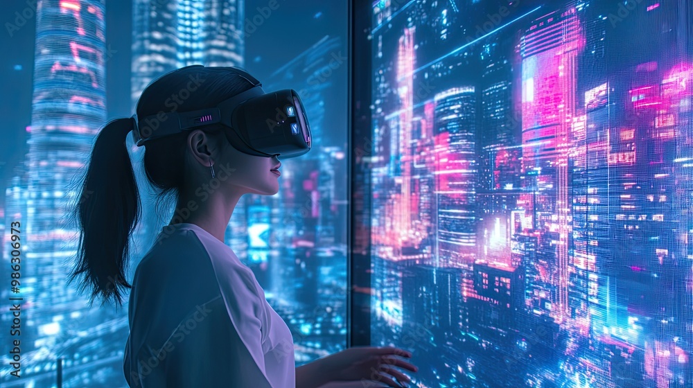 A young woman interacts with an augmented reality platform in a futuristic room, with a cyberpunk cityscape visible through large windows. She shops online in a cutting-edge environment. A young woman interacts with an augmented reality platform in a futuristic room, with a cyberpunk cityscape visible through large windows. She shops online in a cutting-edge environment.