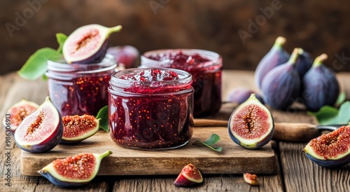 Homemade fig jam in a jar with fresh figs on wooden table during warm afternoon
