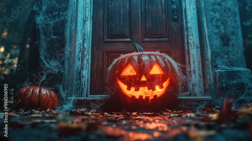 Decorative Halloween pumpkin glows on porch with cobwebs and eerie lighting a...