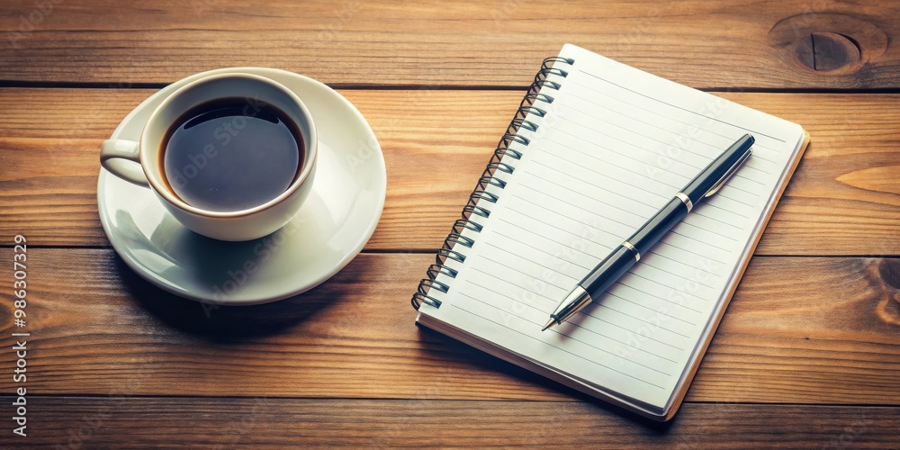 A notebook and pen next to a coffee cup on a table A notebook and pen next to a coffee cup on a table
