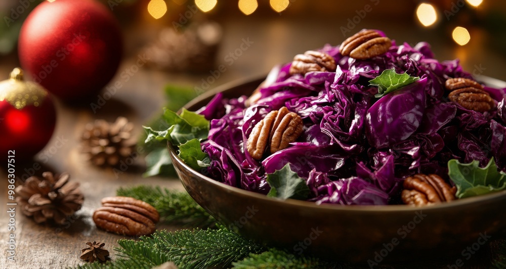 Festive purple cabbage salad with pecans and holiday decorations on a wooden table Festive purple cabbage salad with pecans and holiday decorations on a wooden table