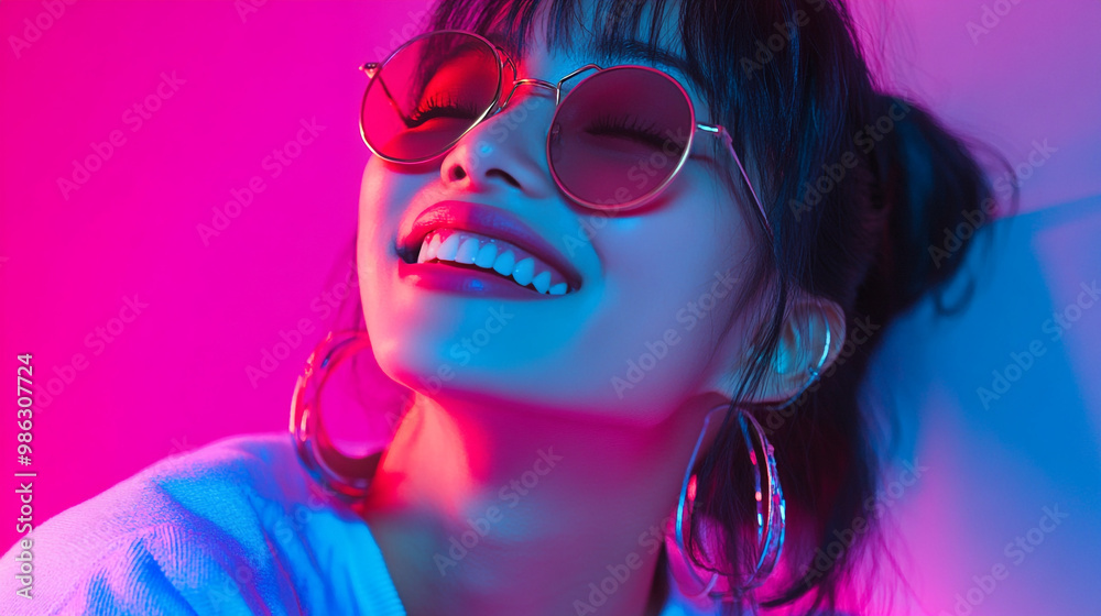 A young woman smiling with sunglasses against a vibrant pink and blue background A young woman smiling with sunglasses against a vibrant pink and blue background