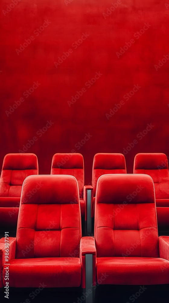 Red cinema or theater seats with armrests arranged in rows for watching movies. The movie screen is obscured from view, without people