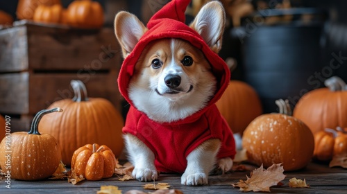Corgi dressed in a red hoodie among pumpkins during autumn festivities in a c...