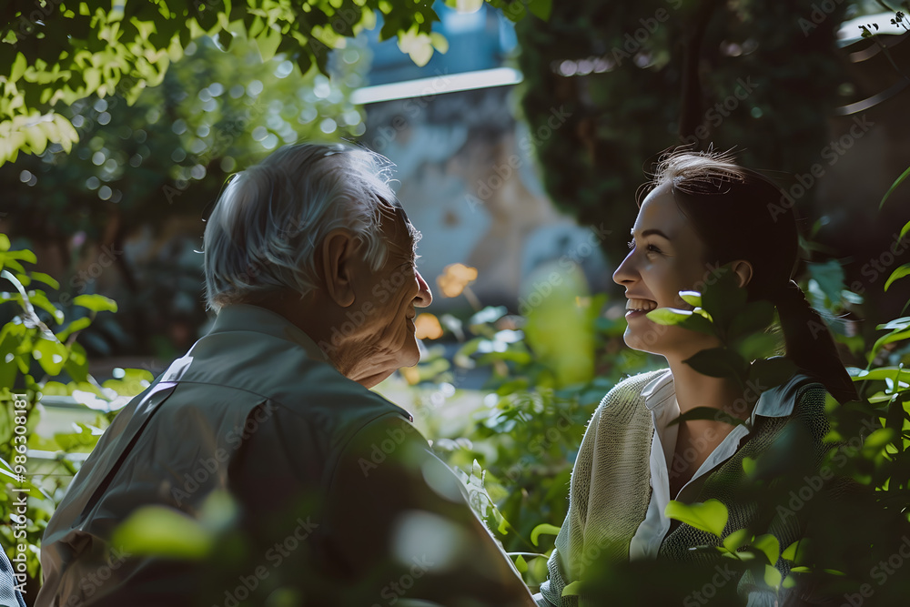 An elderly man with a female nurse in the park