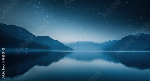 Serene night over the calm lake reflecting a starry sky and distant mountain silhouettes