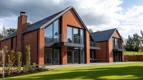 A close-up of a new UK house build, featuring modern brick architecture, large glass windows, and a small garden in front.