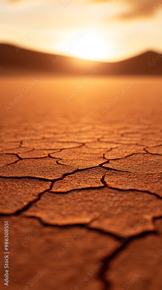 Obraz premium A desert landscape with a sun setting in the background. The sun is low on the horizon, casting a warm glow over the dry, cracked earth. Concept of solitude and tranquility
