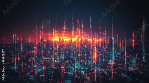 Futuristic city skyline illuminated by glowing lights at night with a digital...