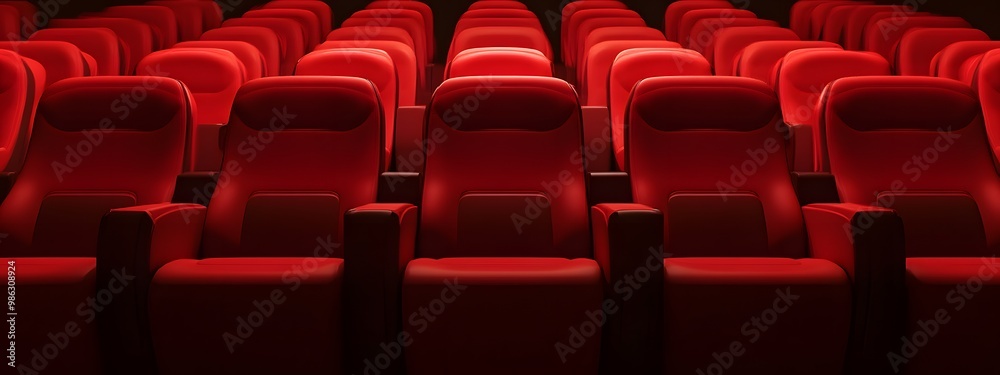 Naklejka premium Red cinema or theater seats with armrests arranged in rows for watching movies. The movie screen is obscured from view, without people