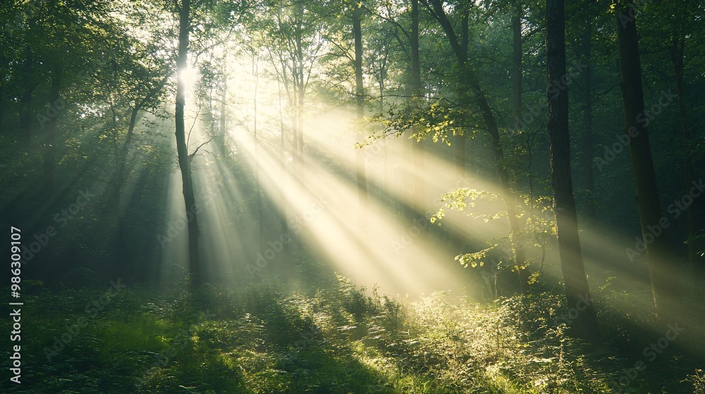 Fototapeta premium Sunbeams Filtering Through a Misty Forest