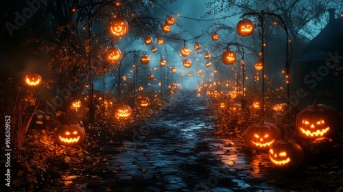 A spooky pathway illuminated by glowing jack-o'-lanterns on a misty Halloween...