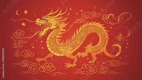 Golden dragon sculpture on a vibrant red background with an elegant, intricat...