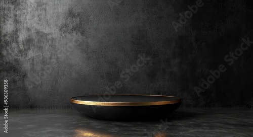 Minimalist dark studio setting with elegant round pedestal featuring a gold a...