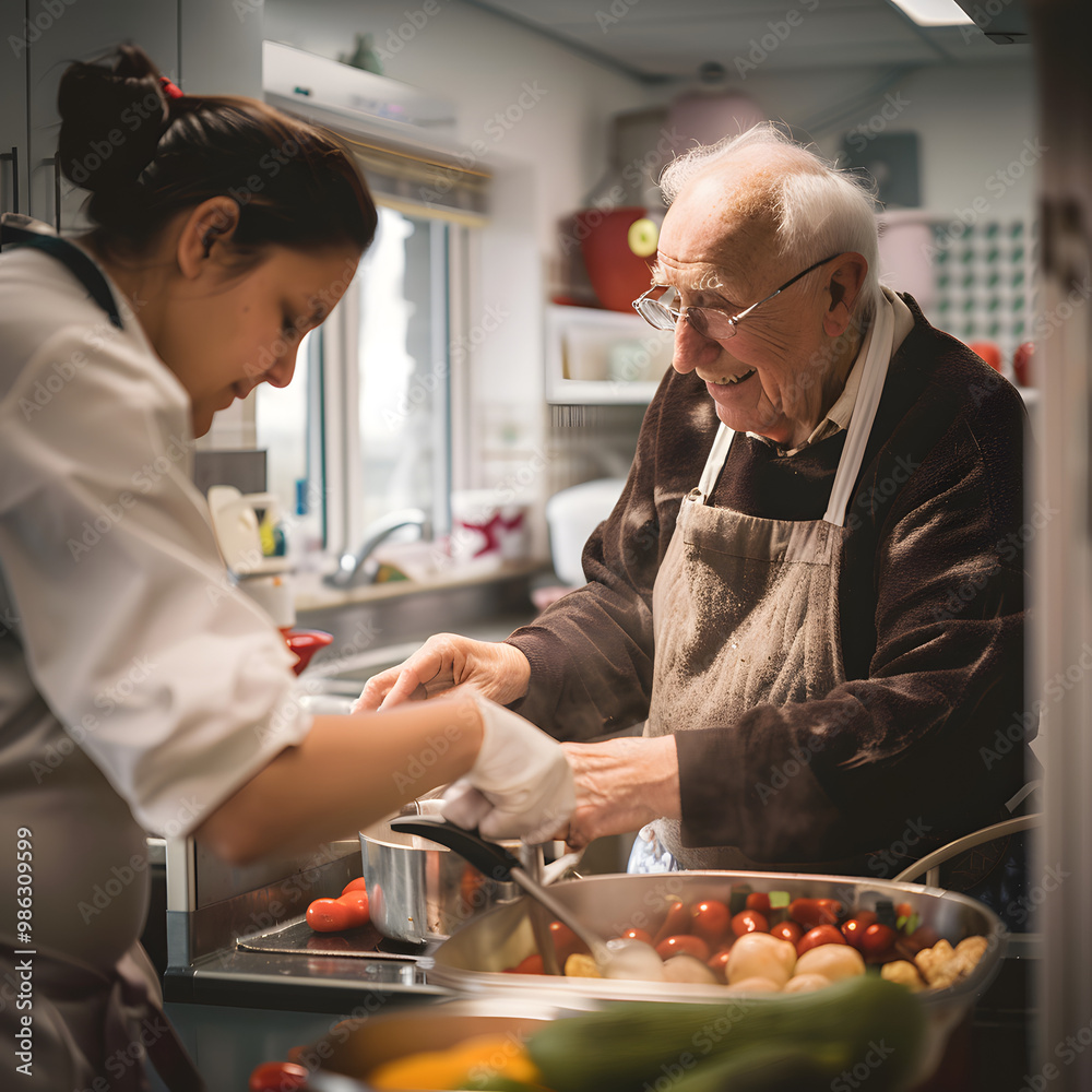 An elderly man with a female nurse making food in the kitchen