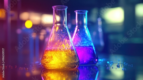 A colorful, glowing chemical reaction taking place in a laboratory beaker, with the focus on the reaction.