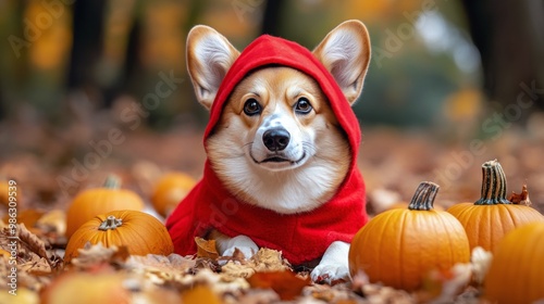 Corgi dressed in a red hoodie among pumpkins during autumn festivities in a c...
