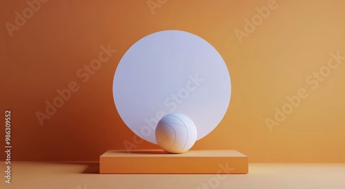 Minimalist display of a white sphere and circular platform against a vibrant ...