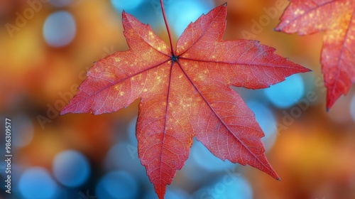 Vibrant red maple leaves illuminated by soft blue bokeh background in autumn ...