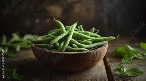 Fresh green peas in a wooden bowl arranged on a rustic table with scattered l...