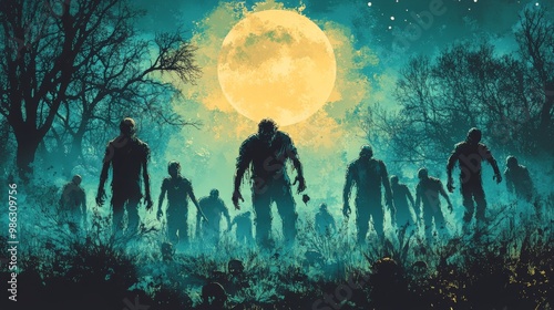 Mysterious figures wander through a dark forest under a glowing full moon at ...