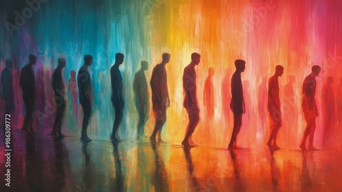 Three silhouetted figures stand against a colorful misty backdrop near a refl...