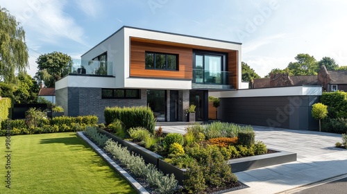 A contemporary new build home in the UK with a sleek design, modern materials, and a neatly landscaped front yard, showcasing British architecture.