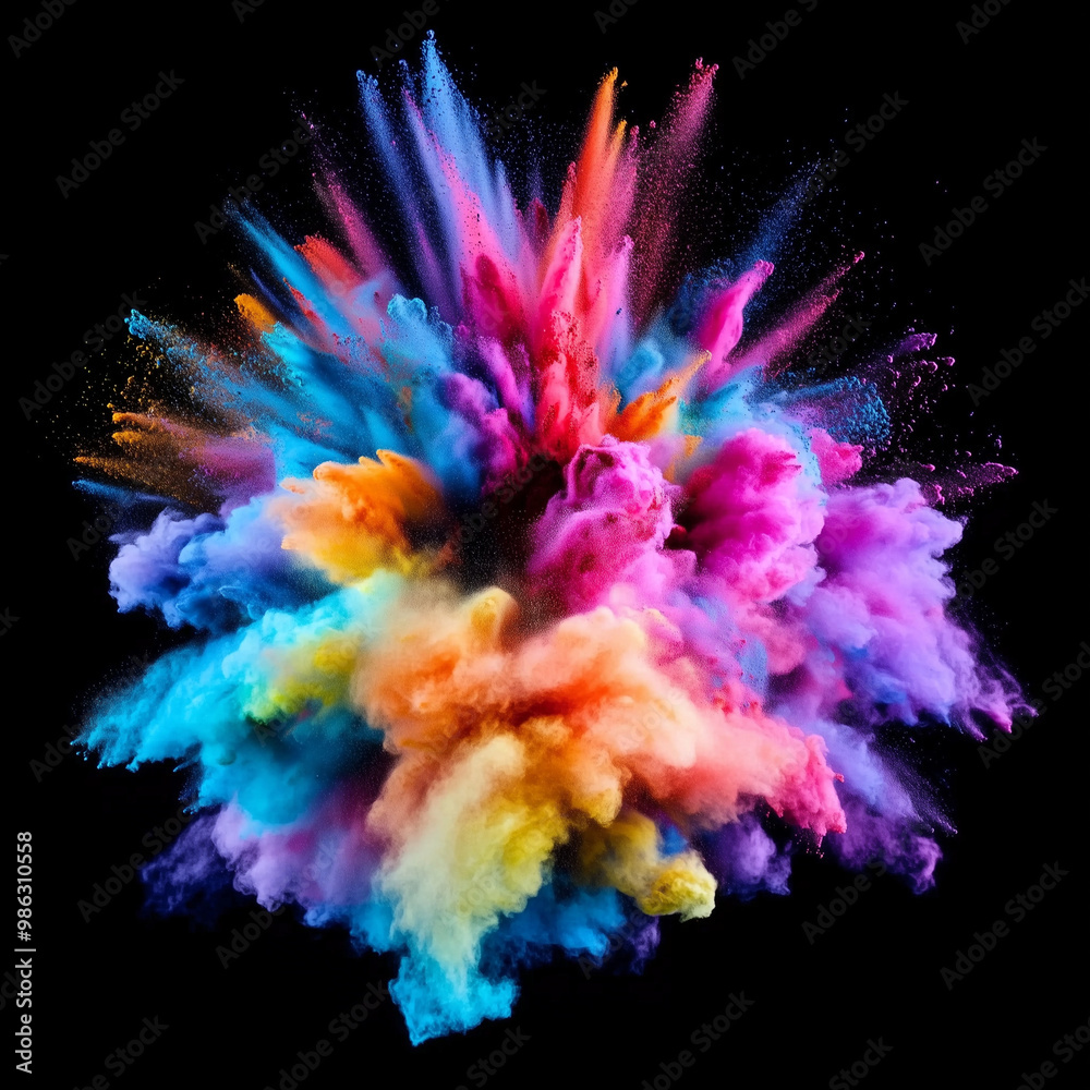 Obraz premium Explosion of colorful powder against black, bold and vibrant color scheme, voluminous forms creating dynamic and soft motion, rich textures and high contrast, energetic and powerful composition
