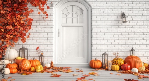 Autumn-themed indoor decoration with pumpkins and fall foliage against a whit...