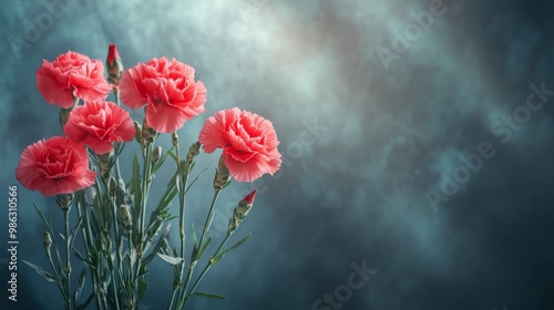 Two vibrant red flowers illuminated by soft light on a dark background in a s...