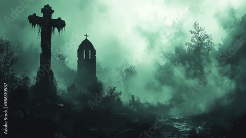 Eerie night with a haunted house and glowing full moon in a spooky landscape