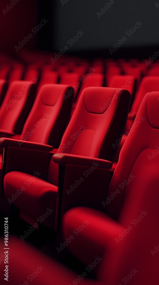 Red cinema or theater seats with armrests arranged in rows for watching movies. The movie screen is obscured from view, without people Red cinema or theater seats with armrests arranged in rows for watching movies. The movie screen is obscured from view, without people