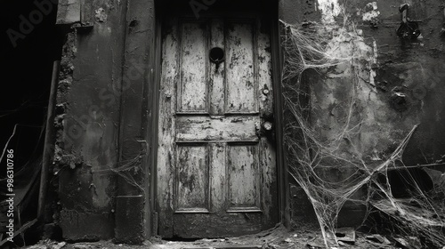 A dimly lit wooden door surrounded by cobwebs in a secluded, abandoned building