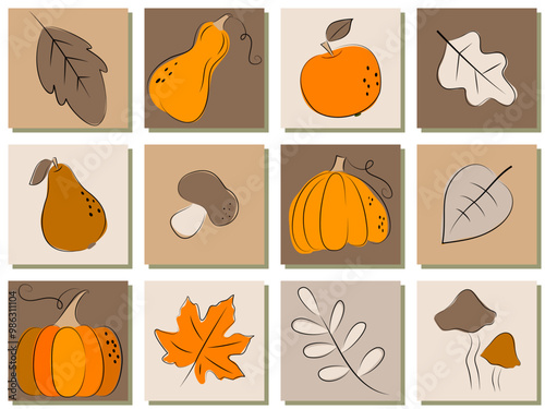 Various autumn design icons on bento box background. Seamless pattern of squares, pumpkins, autumn leaves, apple, pear, mushrooms. Autumn harvest. Thanksgiving background. Vector flat illustration.