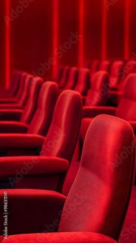 Red cinema or theater seats with armrests arranged in rows for watching movies. The movie screen is obscured from view, without people