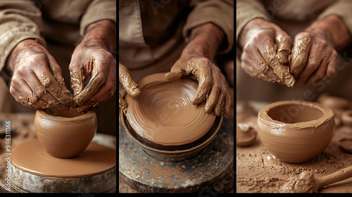 A detailed close-up of a potter's hands shaping wet clay on a pottery wheel. The earthy tones and rich textures highlight. Illustrating themes of craftsmanship, creativity, and traditional art. photo