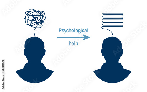 Human mental state before and after psychotherapy. Psychological help and psychosocial support. Silhouette portrait of a man, unravel a ball of thread, unravel the mess of thoughts in the head