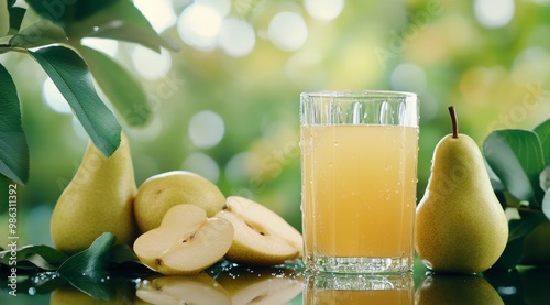 Freshly squeezed pear juice surrounded by ripe pears in a lush garden on a su...