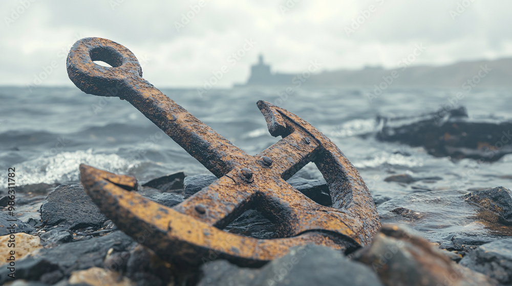 Fototapeta premium A rusty anchor is laying on the rocks in the ocean. The anchor is old and worn, and it seems to be a symbol of the passage of time. Concept of nostalgia and melancholy