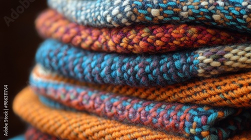 Cozy stack of colorful knitted blankets ready for a chilly evening by the fir...