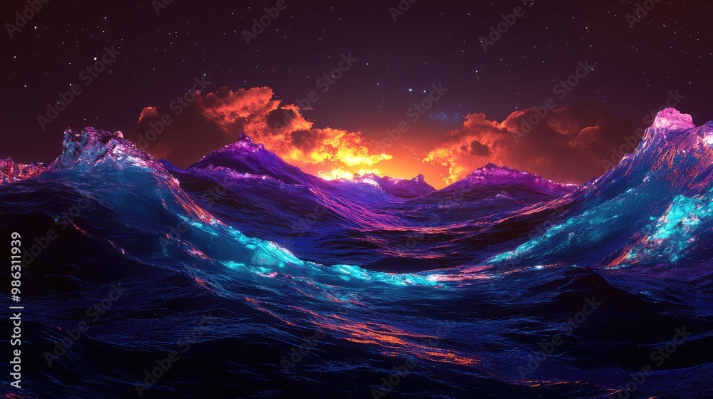 Fototapeta premium A glowing 3D ocean made of liquid metal waves reflecting neon light in a dark sky.