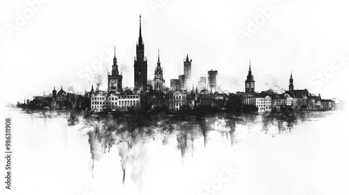 Kielce, Poland, black and white pen pencil hand-drawn effect drawing illustration for travel poster, card, wallpaper, backdrop or banner. Modern, clear, artistic and simple