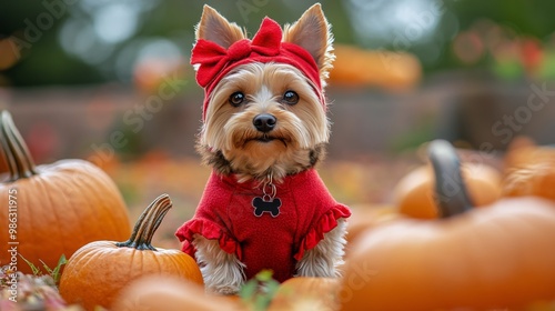 Corgi dressed in a red hoodie among pumpkins during autumn festivities in a c...