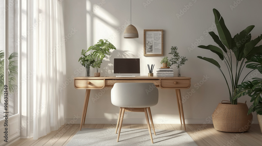 Bright Scandinavian Home Office with Wooden Furniture and Indoor Plants Bright Scandinavian Home Office with Wooden Furniture and Indoor Plants