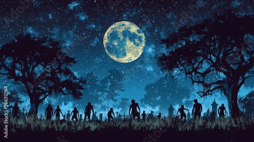 Mysterious figures wander through a dark forest under a glowing full moon at ...