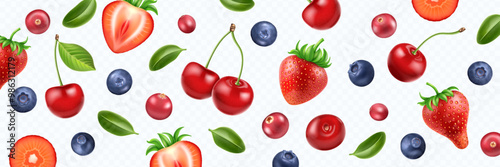 Realistic fresh berry background. Strawberry, cranberry, blueberry and cherry with green leaves flying on transparent background.