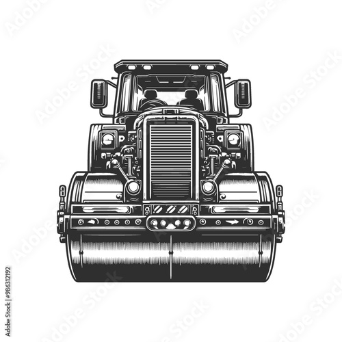 Monochrome style of color steamroller on white background. 