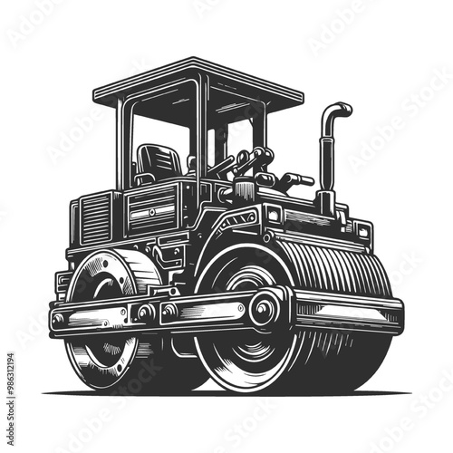 Monochrome style of color steamroller on white background. 