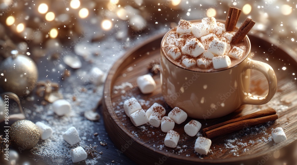Warm cup of hot chocolate with marshmallows and cinnamon on a cozy winter night